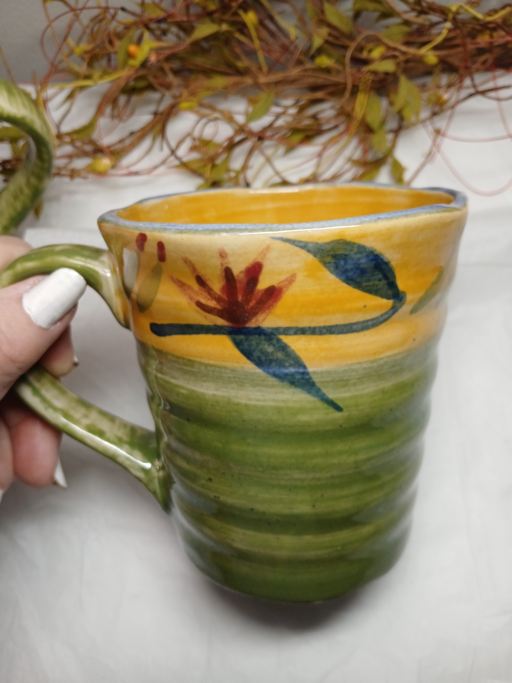 2 Pier 1 Hand-Painted Ceramic Mugs in Yellow, Green and Blue Elizabeth Style